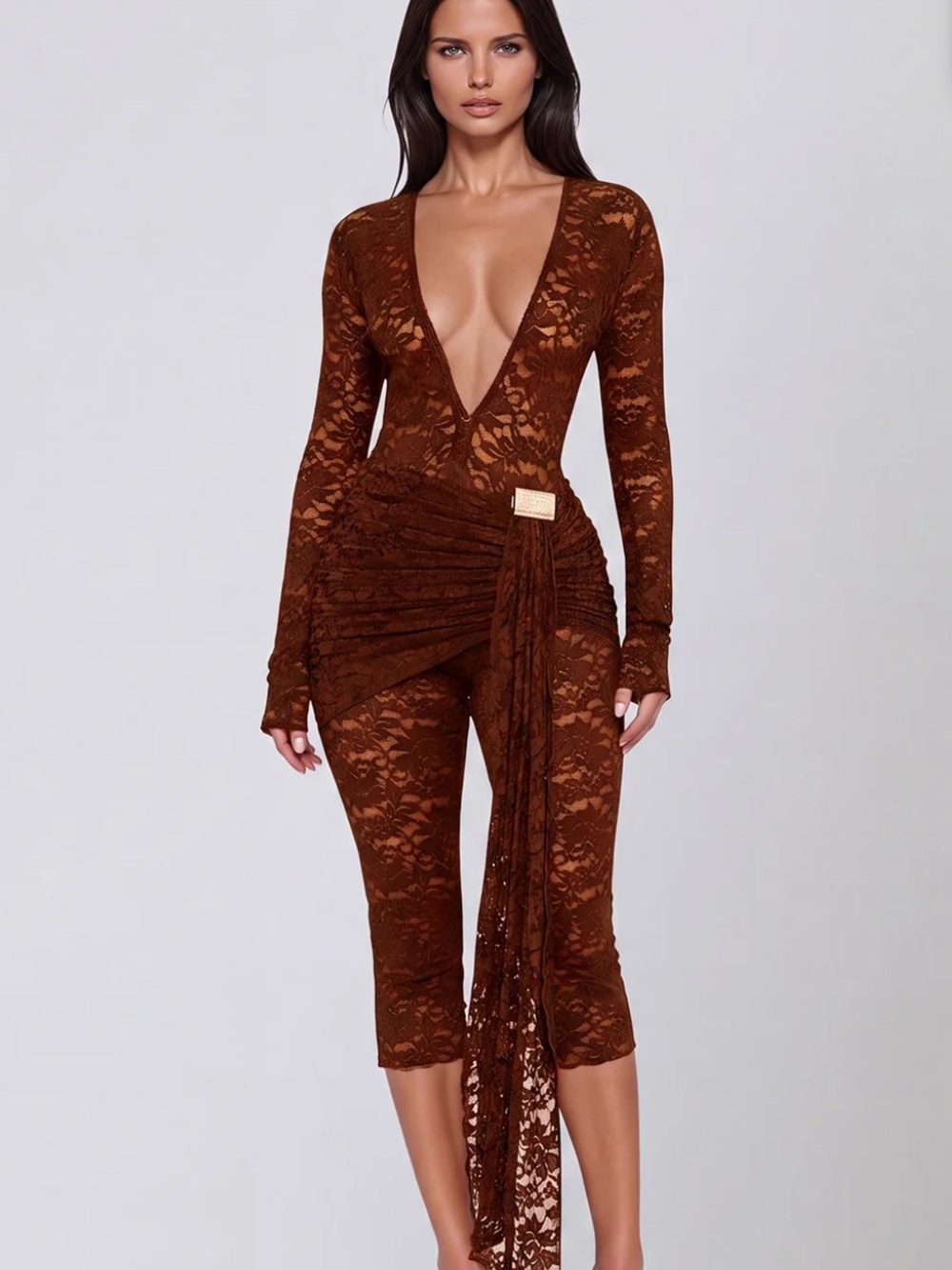 Brown Lace Deep-V Jumpsuit with Draped Sash